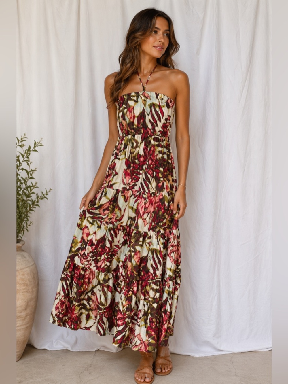 New York & Company Red and Cream Floral Strapless Maxi Dress